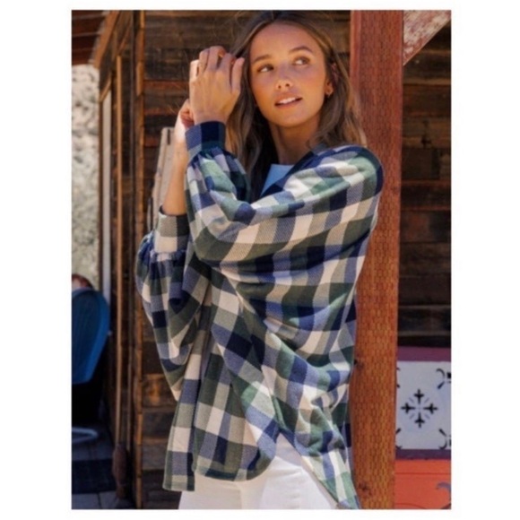 New Fall  Green,Navy, Ivory Checkered Plaid Lightweight Open Cardigan/Kimono - Picture 4 of 6